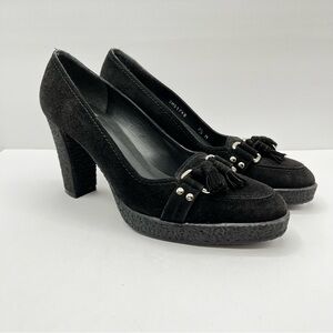 Stuart Weitzman Women’s Sz 7.5 Black Suede Tassel Loafer Block Heels WorkClassic